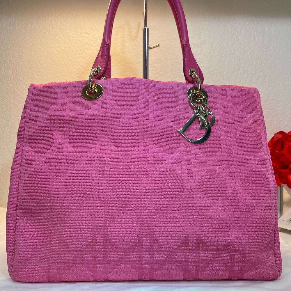 CHRISTIAN DIOR Pink Canvas Cannage Lady Dior Canvas Large Tote Bag